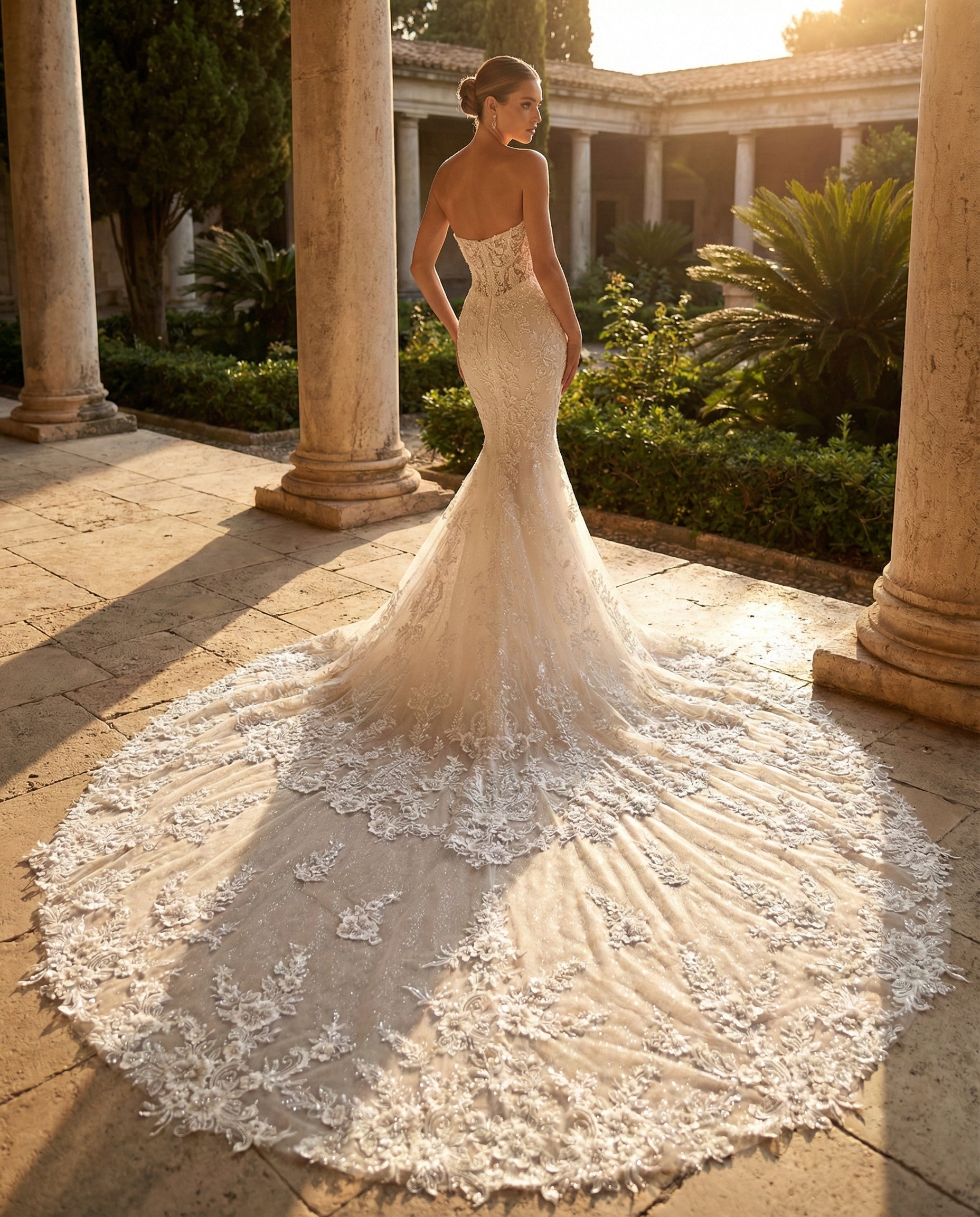Abito da Sposa a Sirena in Pizzo Ricamato con Scollo a V Profondo e Maniche Effetto Illusione - LUIGI BRUNO - MODELLO LBS427