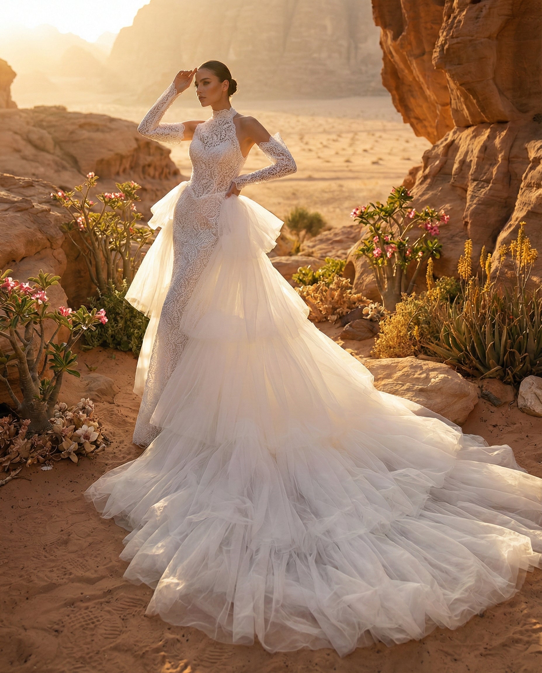 Abito da Sposa a Sirena in Pizzo con Scollo all'Americana e Sopragonna in Tulle - LUIGI BRUNO - MODELLO LBS433