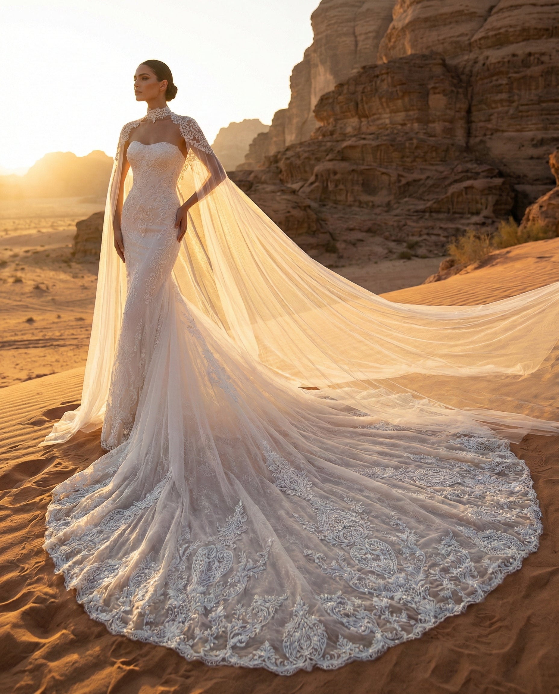 Abito da Sposa a Sirena in Pizzo con Mantella Cattedrale e Collo Alto | LUIGI BRUNO - MODELLO LBS436