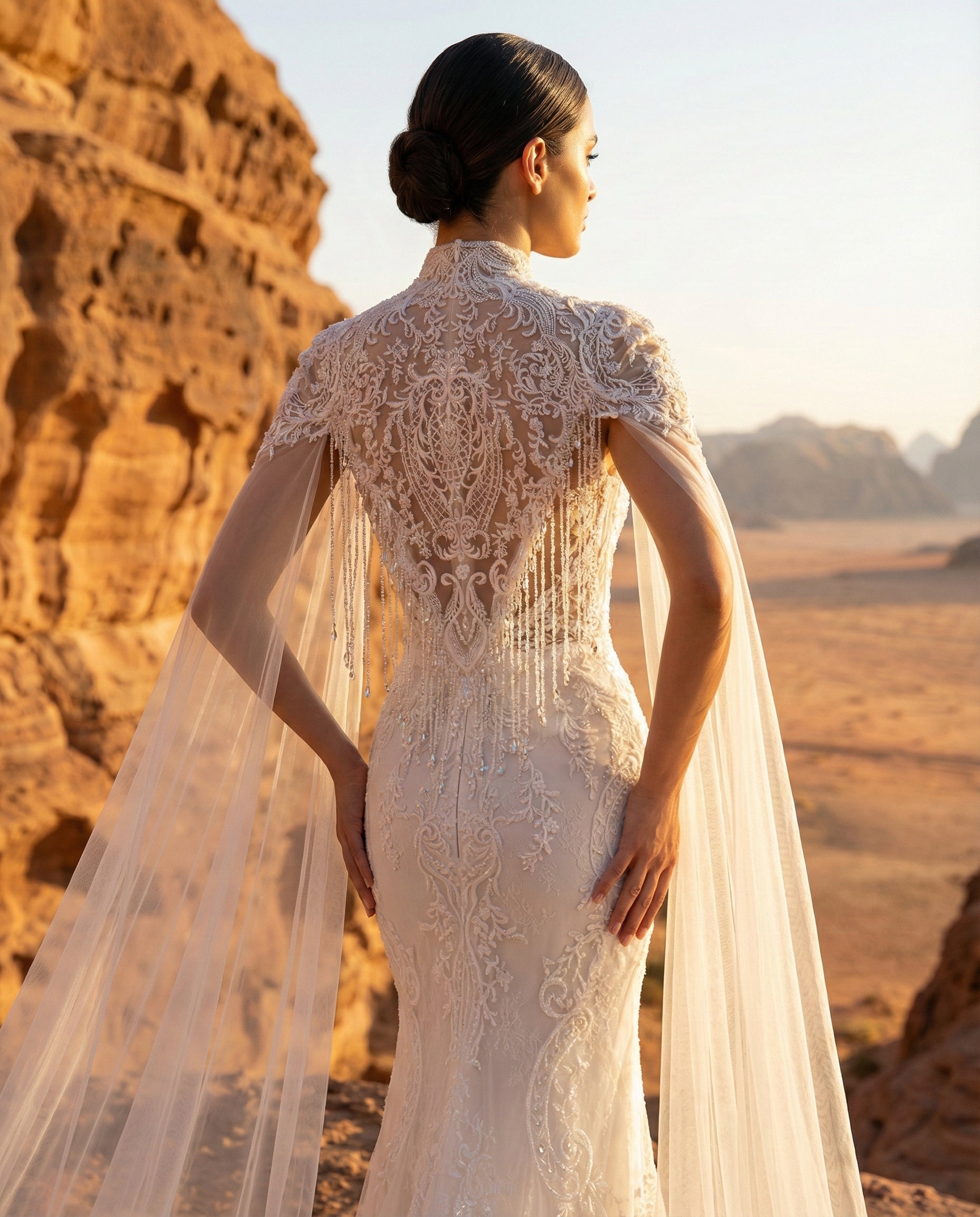 Abito da Sposa a Sirena in Pizzo con Mantella Cattedrale e Collo Alto | LUIGI BRUNO - MODELLO LBS436