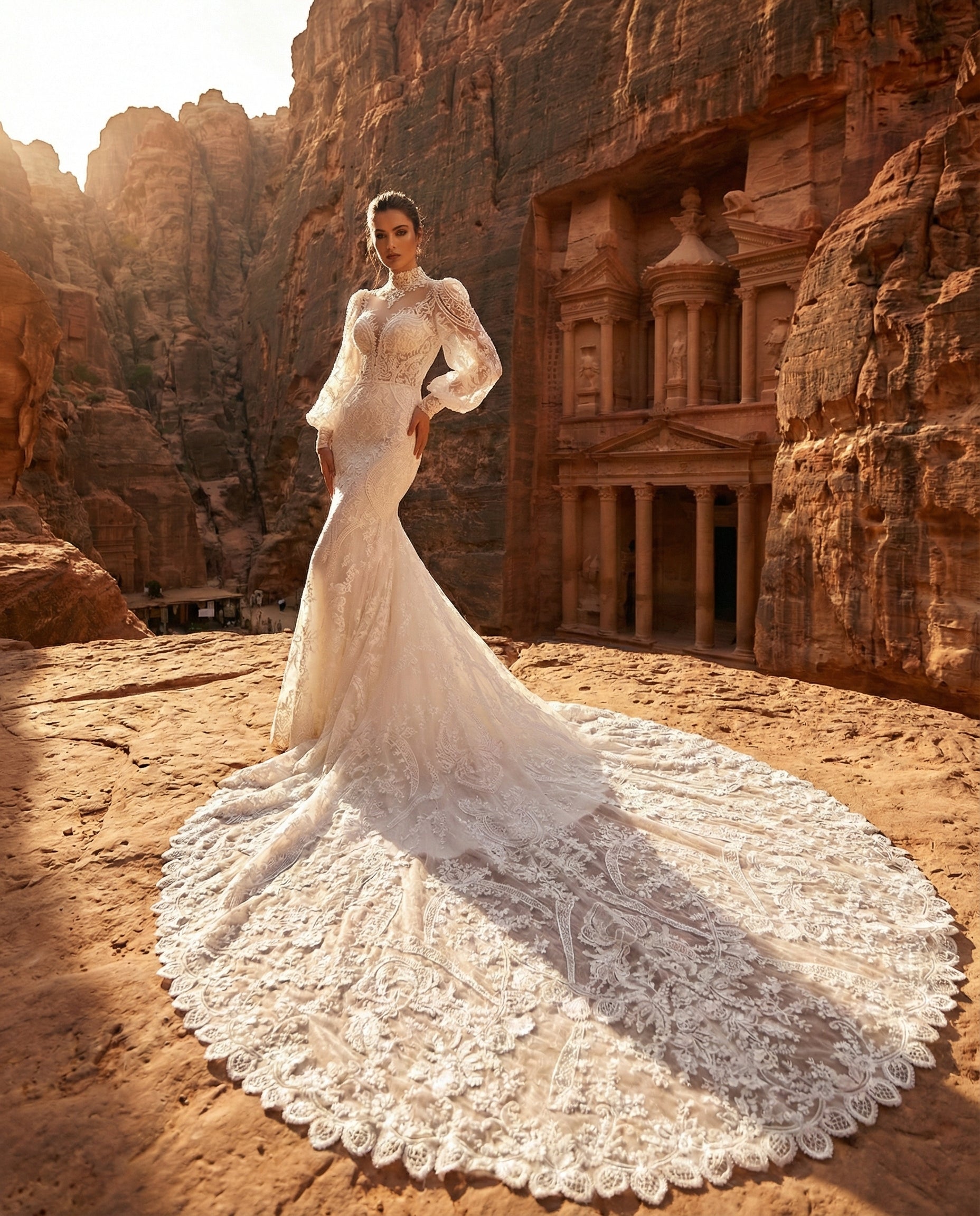 Abito da Sposa a Sirena in Pizzo Couture con Maniche a Palloncino e Strascico Cattedrale | LUIGI BRUNO - Modello LBS 438