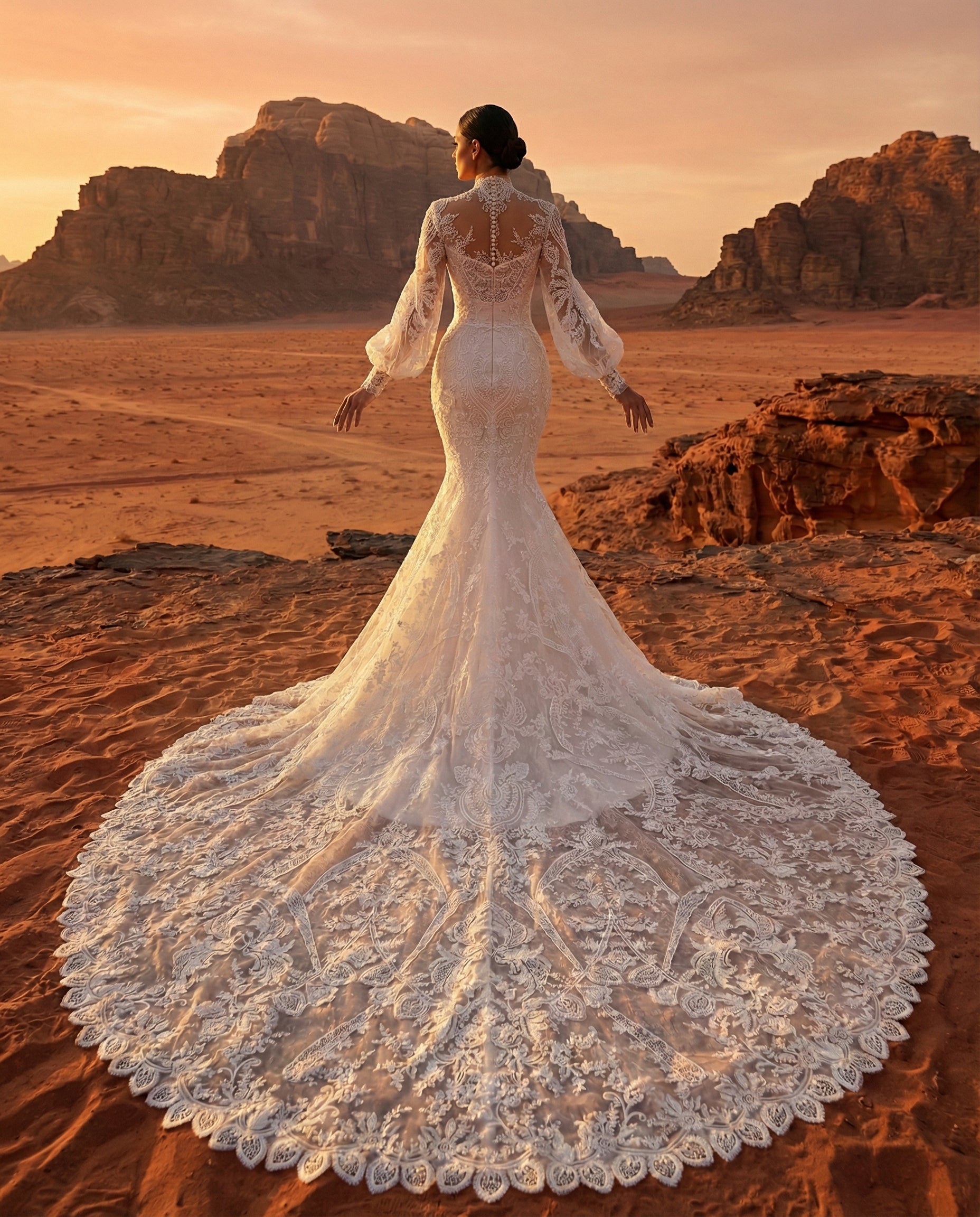 Abito da Sposa a Sirena in Pizzo Couture con Maniche a Palloncino e Strascico Cattedrale | LUIGI BRUNO - Modello LBS 438