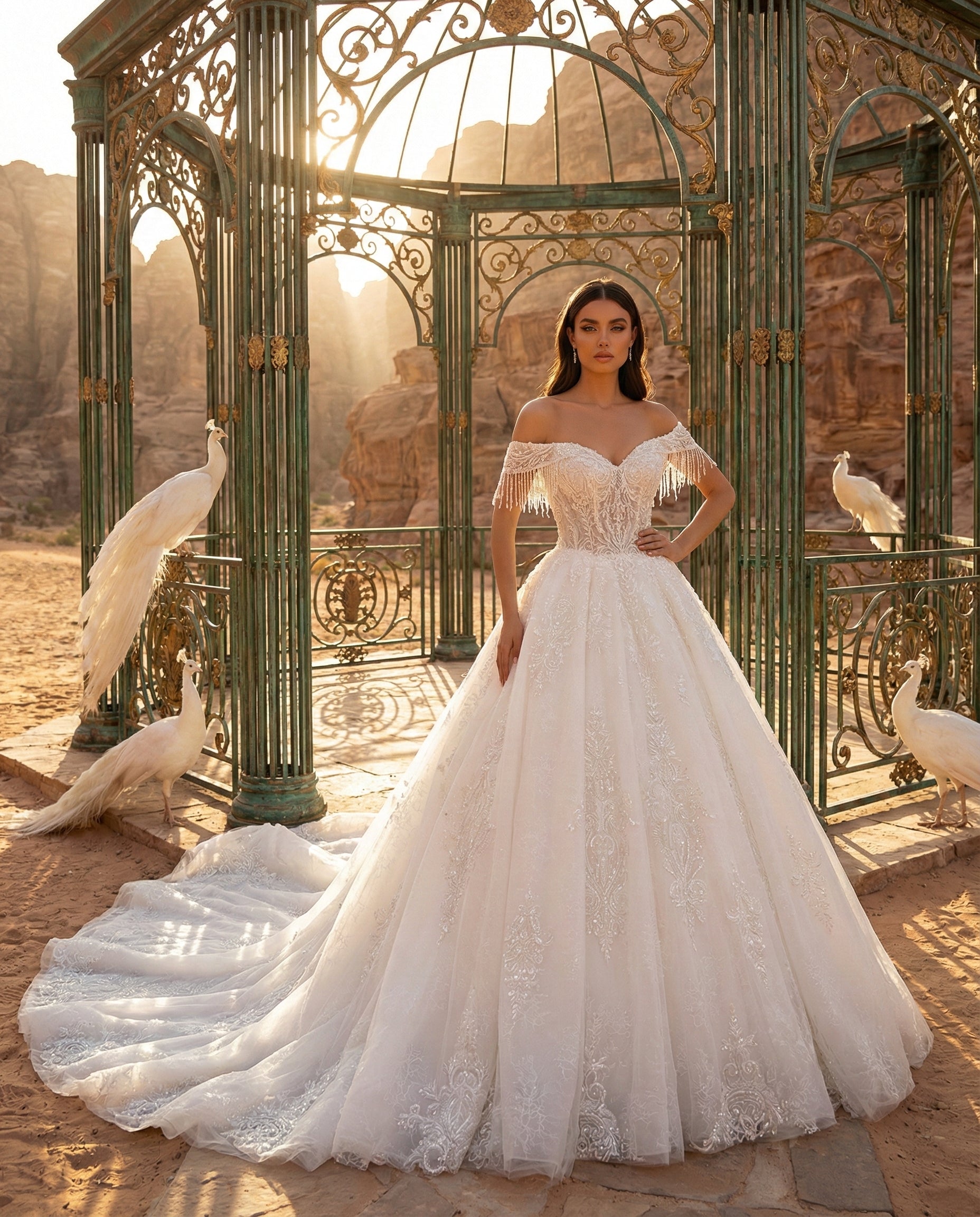 Abito da Sposa Modello Principessa in Tulle e Pizzo con Scollo Omerale e Frange Gioiello | LUIGI BRUNO -  Modello LBS439