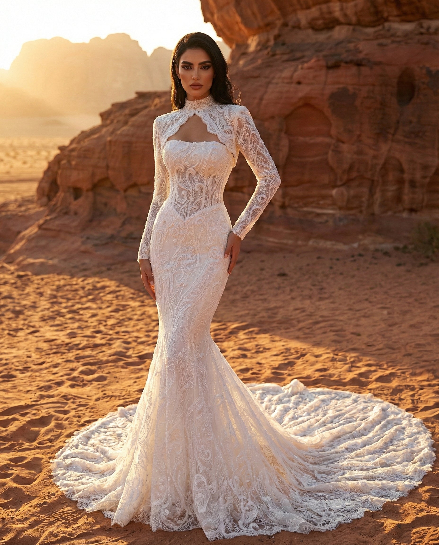 Abito da Sposa a Sirena in Pizzo con Maniche Lunghe e Dettaglio Cut-Out | LUIGI BRUNO - Modello LBS 440