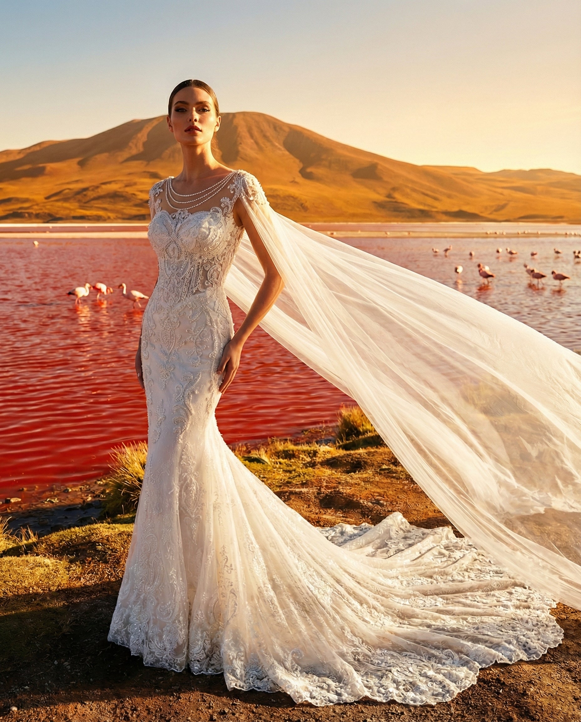 Abito da Sposa a Sirena in Pizzo con Mantella in Tulle e Perle |  Luigi Bruno - MODELLO LBS441