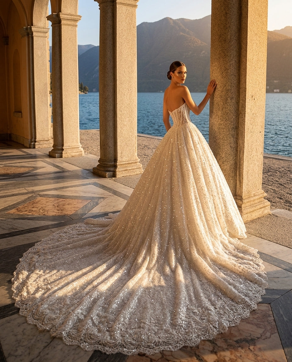 Abito da Sposa Modello Principessa in Pizzo Scintillante con Maniche Lunghe e Corpetto Bustier - MARA RAMIREZ - SPR298