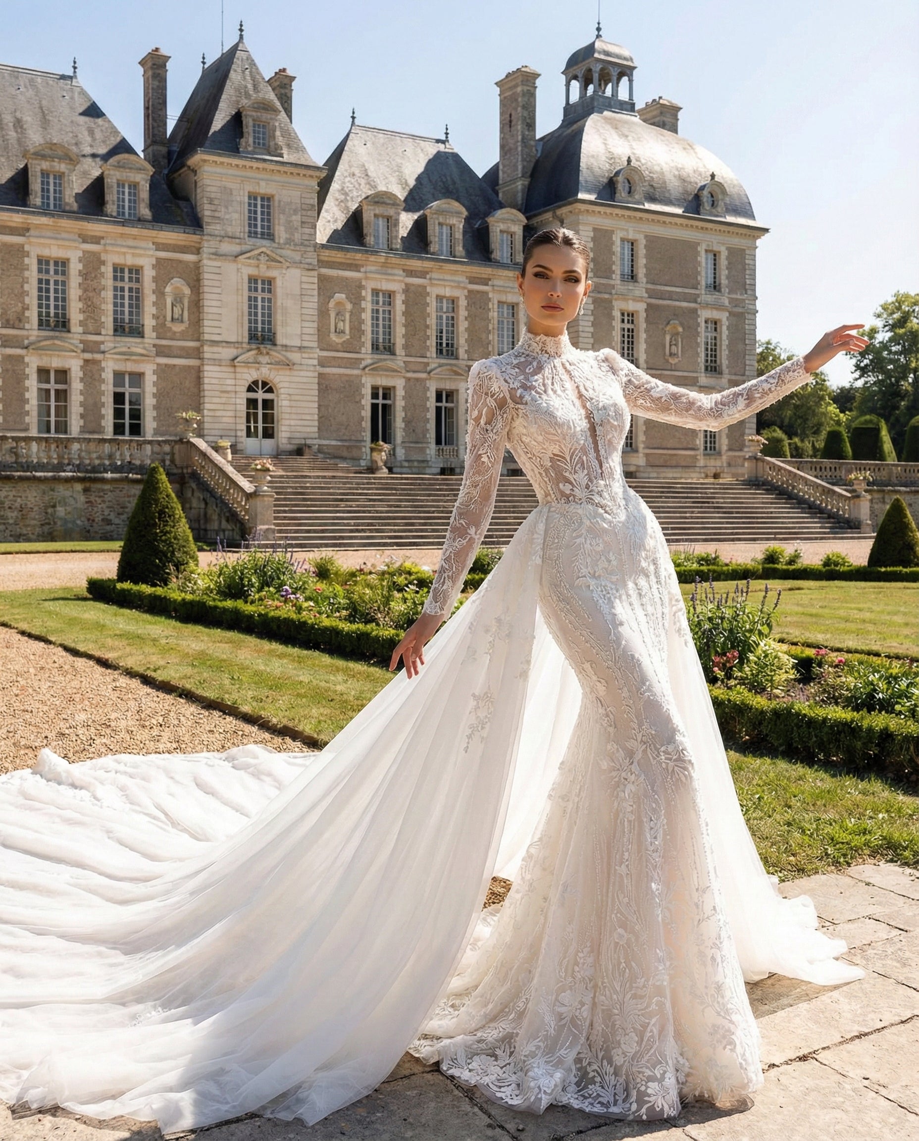 Abito da Sposa Sirena in Pizzo con Sopragonna Staccabile e Collo Alto - MARAR RAMIREZ - Modello SPR 311