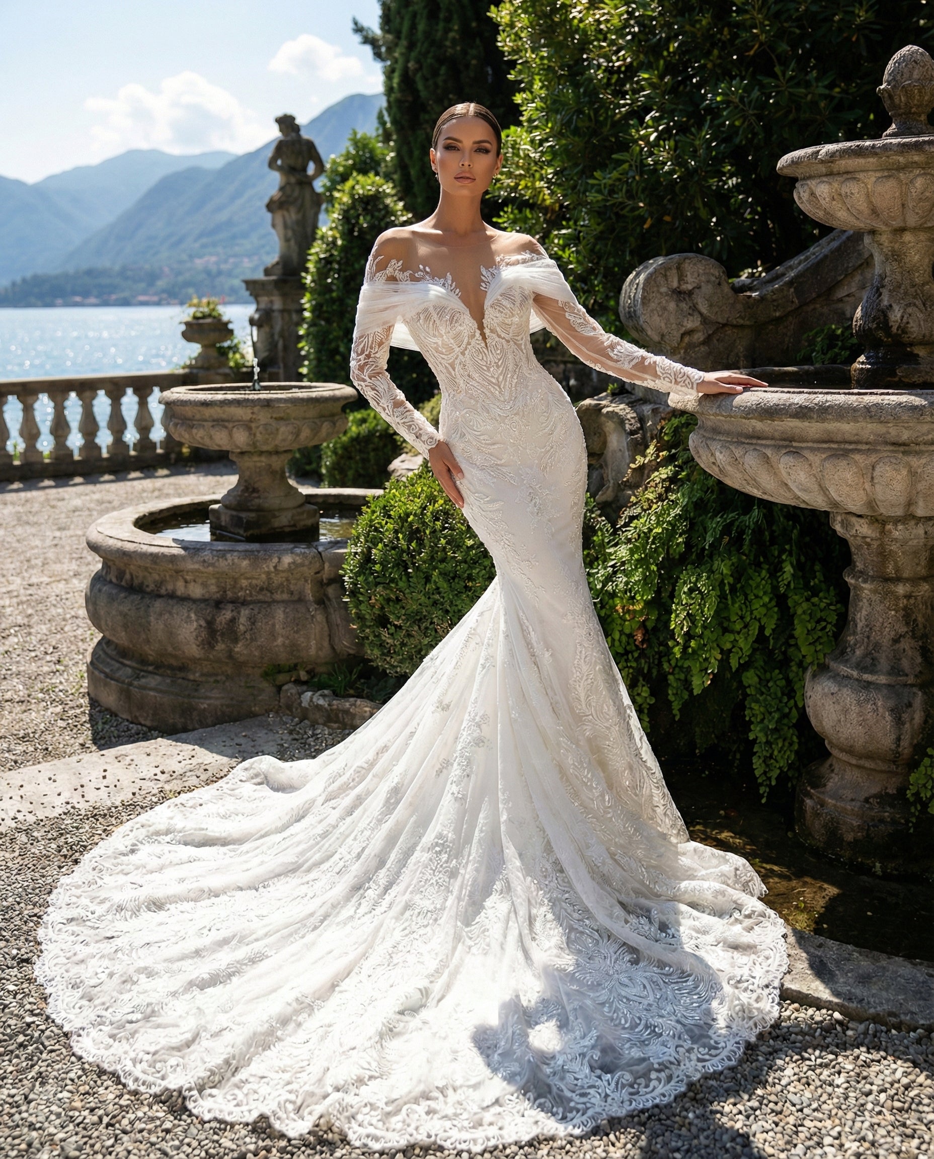 Abito da Sposa a Sirena in Pizzo con Maniche Lunghe e Scollo Illusione – MARA RAMIREZ - Modello SPR 314