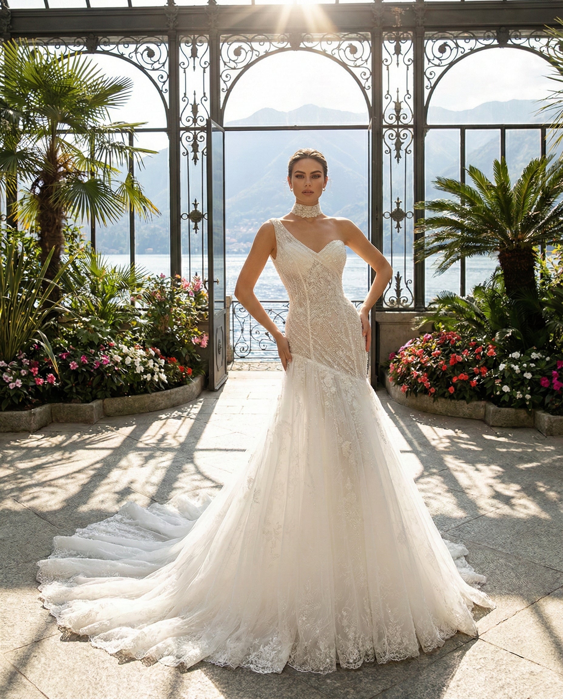 Abito da Sposa Monospalla Scultura con Corpetto Gioiello e Strascico in Pizzo MARA RAMIREZ - Modello SPR 317