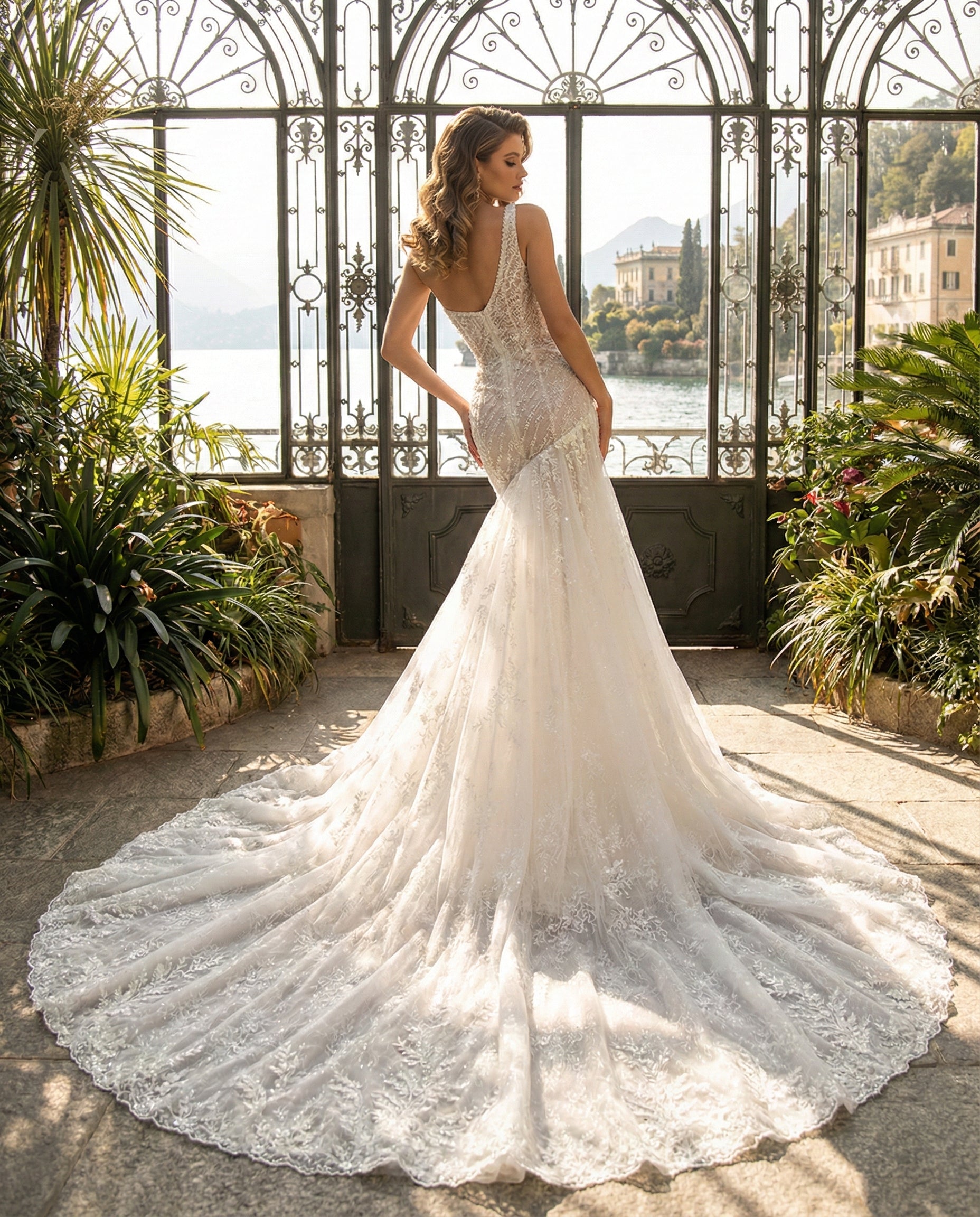 Abito da Sposa Monospalla Scultura con Corpetto Gioiello e Strascico in Pizzo MARA RAMIREZ - Modello SPR 317
