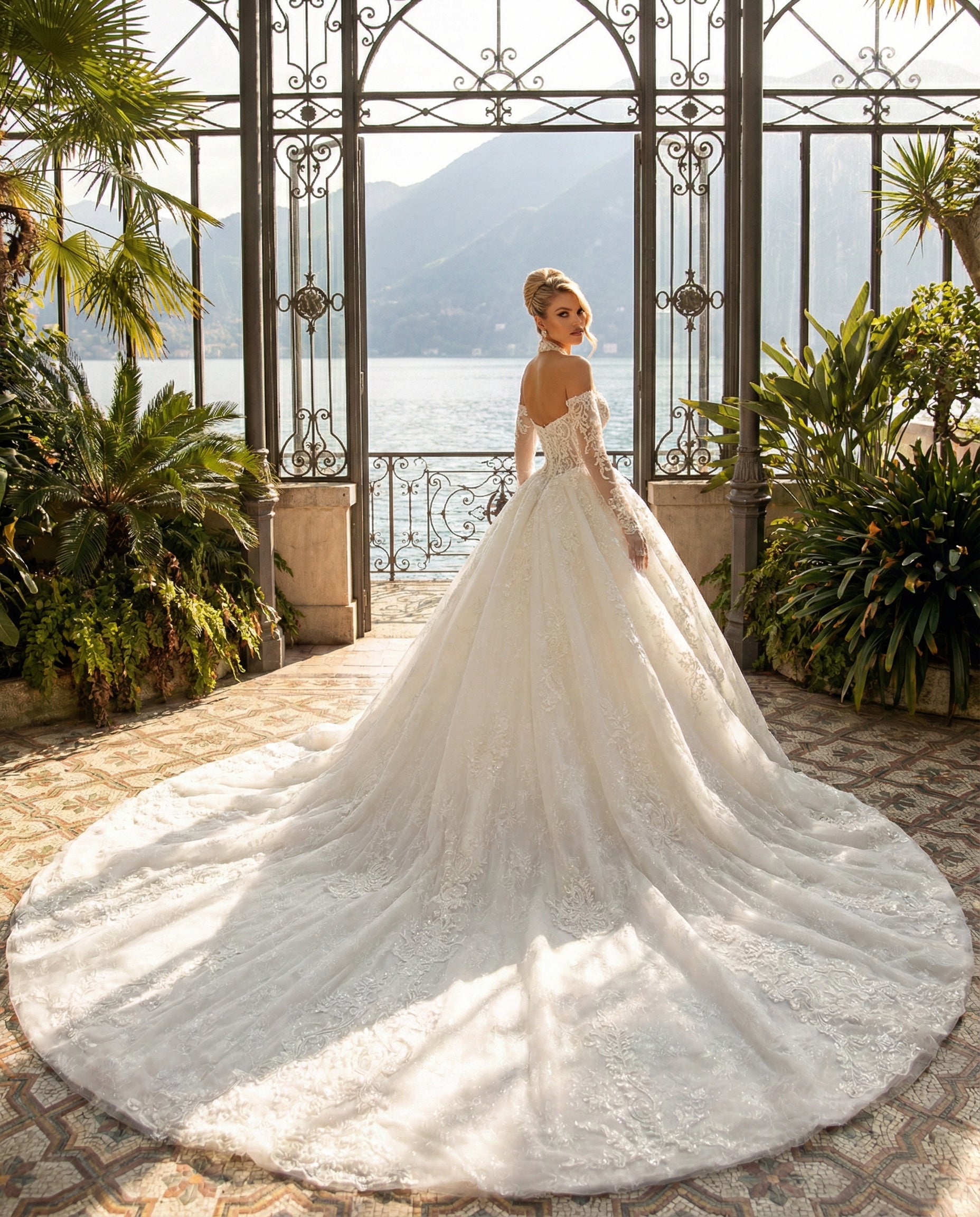 Abito da Sposa Principessa in Tulle e Pizzo con Maniche Illusione e Strascico Reale - MARA RAMIREZ -  Modello SPR 320