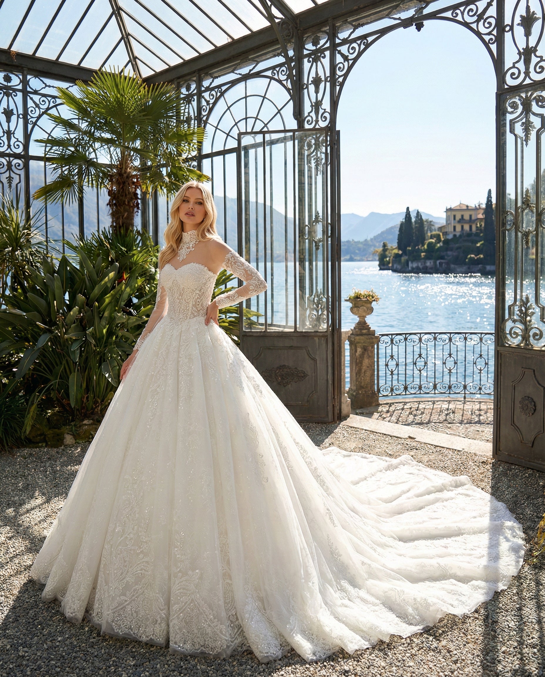 Abito da Sposa Principessa in Tulle e Pizzo con Maniche Illusione e Strascico Reale - MARA RAMIREZ -  Modello SPR 320