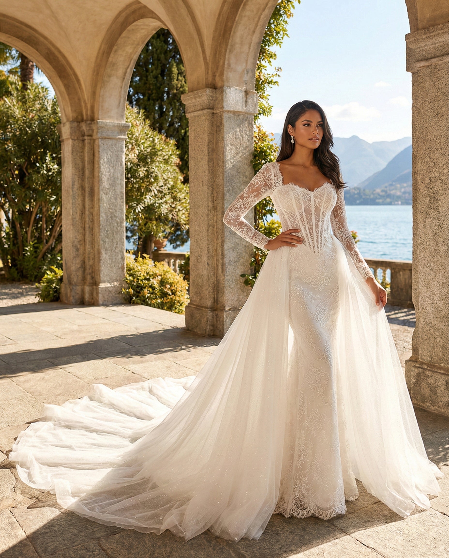 Abito da Sposa a Sirena in Pizzo con Corsetto, Maniche Lunghe e Sopragonna in Tulle Staccabile - MARA RAMIREZ - MODELLO SPR322